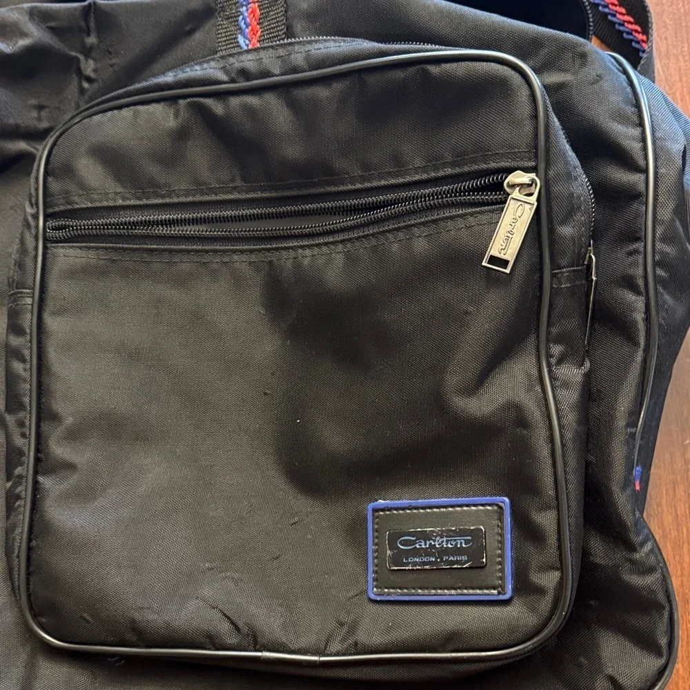Carlton VTG Stylish Black Classic Nylon Duffel Bag with Red and Blue Accents